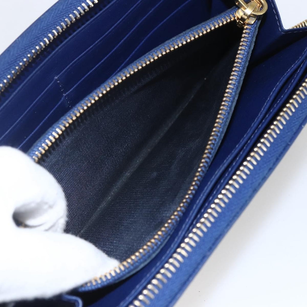Prada Zip Around Organizer Wallet Saffiano Leather With Applique Blue Leather Wallets Accessory (Pre-Owned)