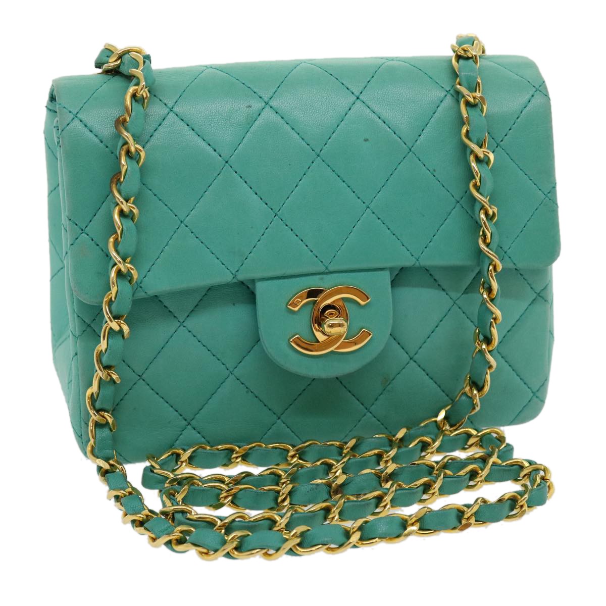 Chanel Square Classic Single Flap Bag Quilted Lambskin Blue Leather Handbag (Pre-Owned)
