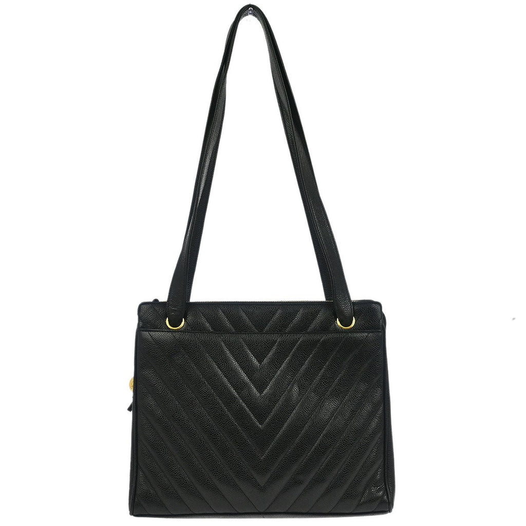 Chanel Vintage Zip Shoulder Bag Chevron Caviar Black Leather Shoulder Bag Bag (Pre-Owned)