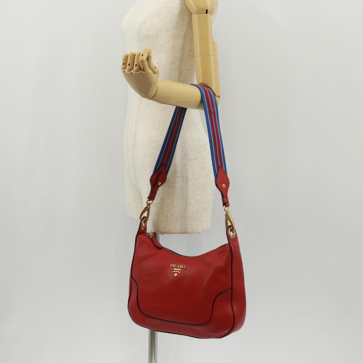 Prada Striped Strap Zip Hobo Vitello Daino Red Leather Shoulder Bag Bag (Pre-Owned)