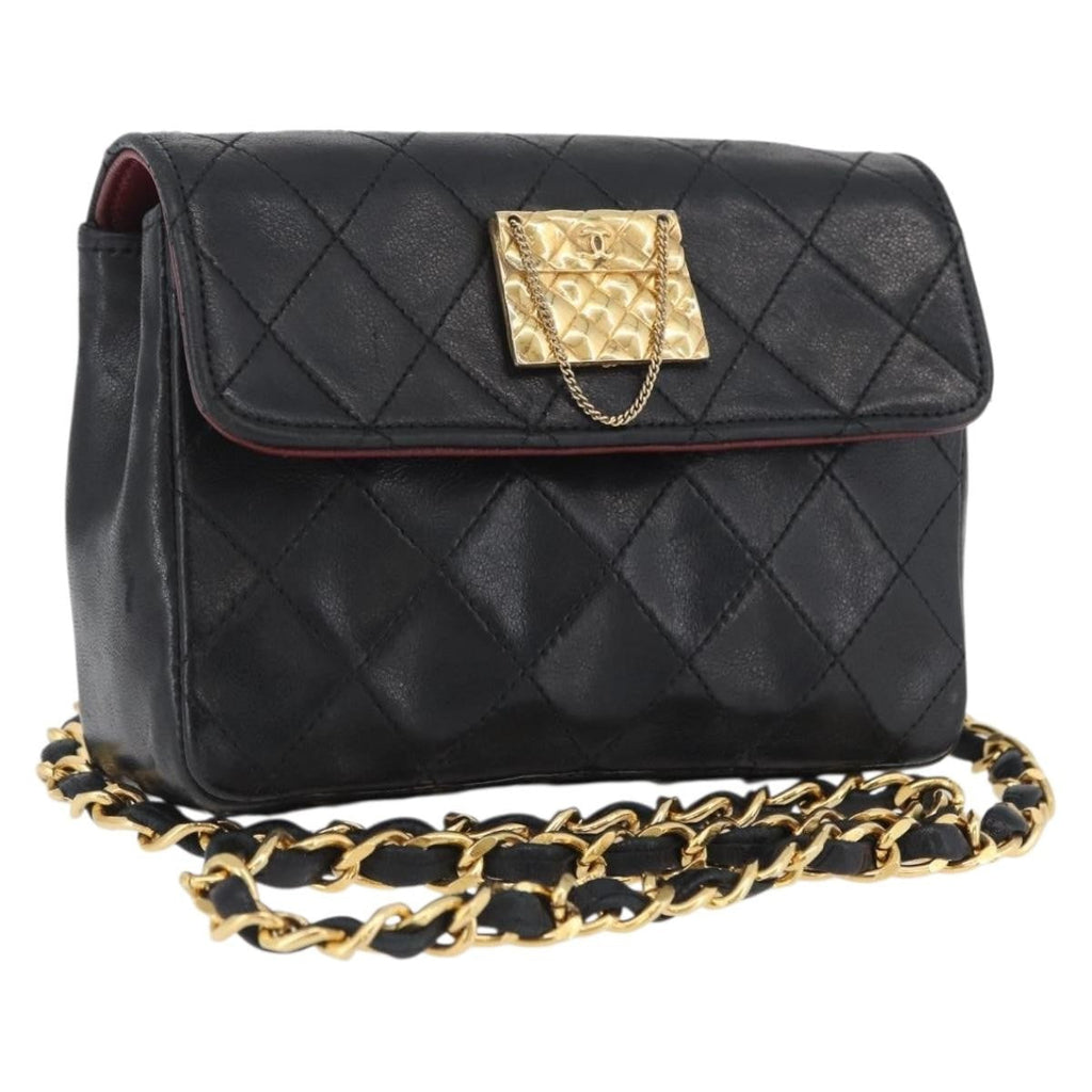 Chanel Vintage Square Cc Flap Bag Quilted Lambskin Black Leather Shoulder Bag Bag (Pre-Owned)