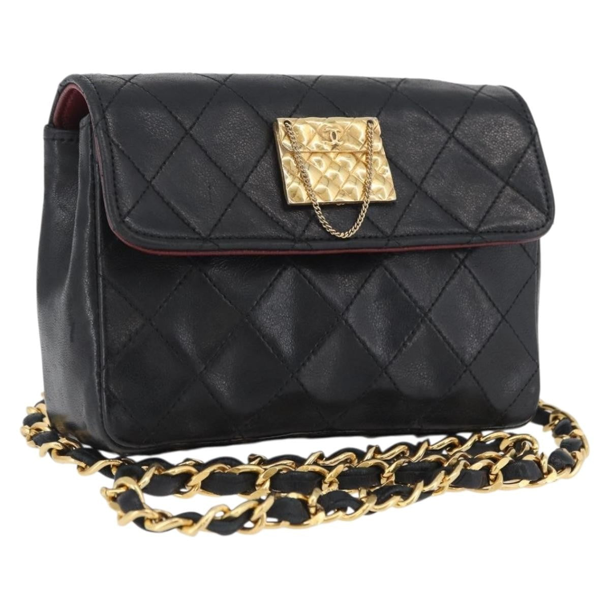 Chanel Vintage Square Cc Flap Bag Quilted Lambskin Black Leather Shoulder Bag Bag (Pre-Owned)