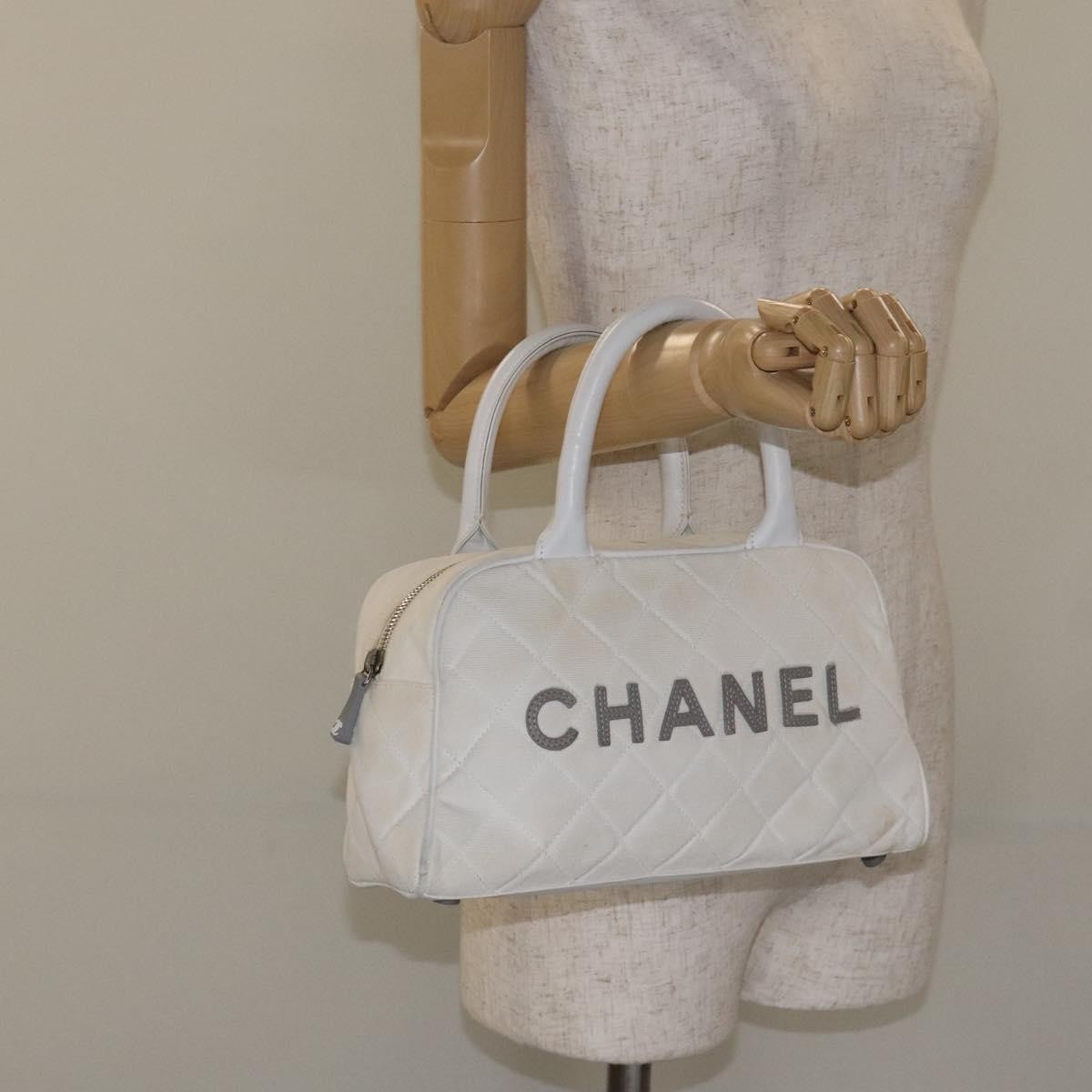 Chanel Vintage Logo Bowler Bag Quilted Canvas White Canvas Handbag (Pre-Owned)