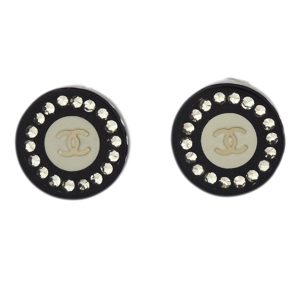 Chanel Vintage Cc Round Button Clip-On Earrings Metal Black Plastic Earrings Jewelry (Pre-Owned)