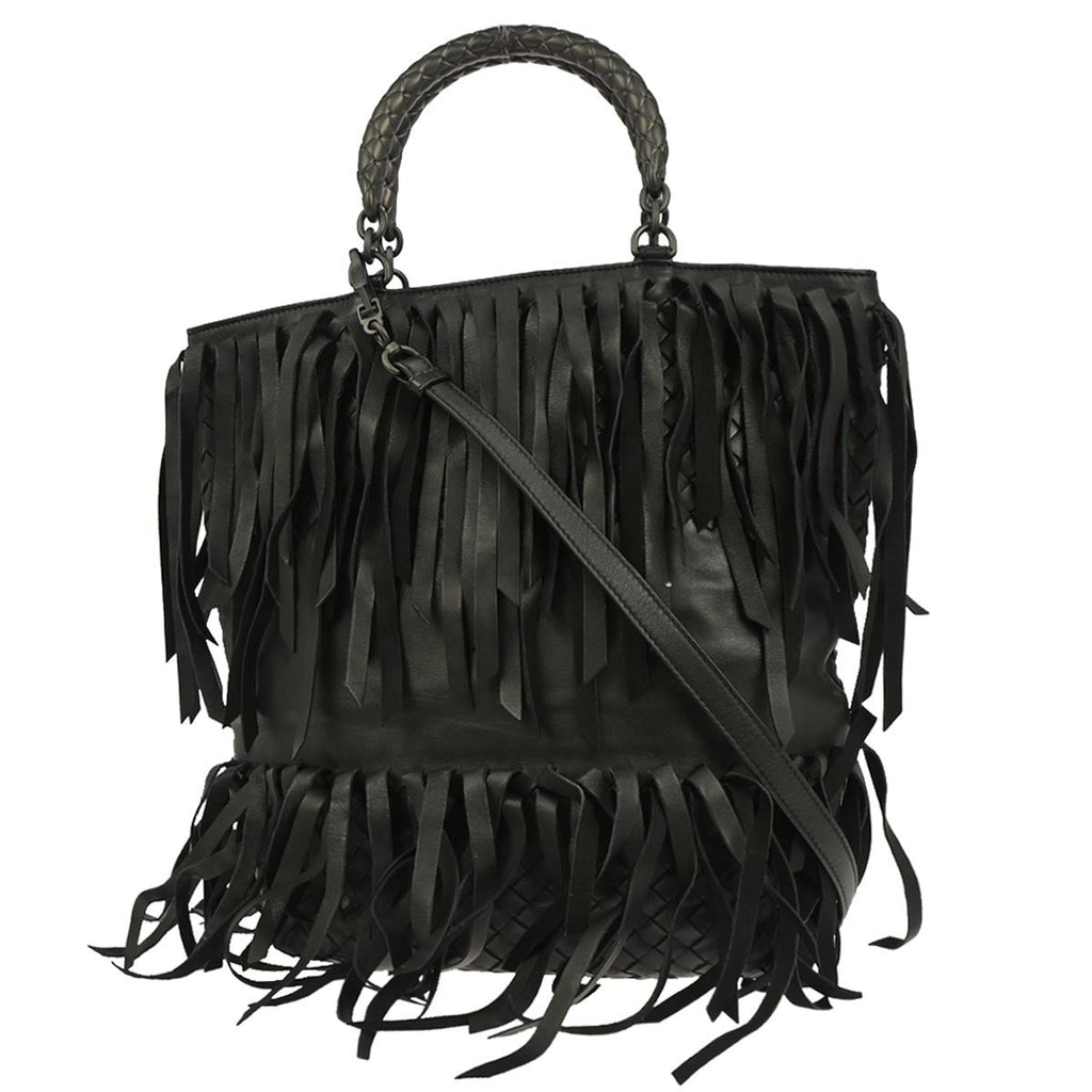 Bottega Veneta Fringe Belt Tote Intrecciato Nappa Black Leather Tote Bag Bag (Pre-Owned)