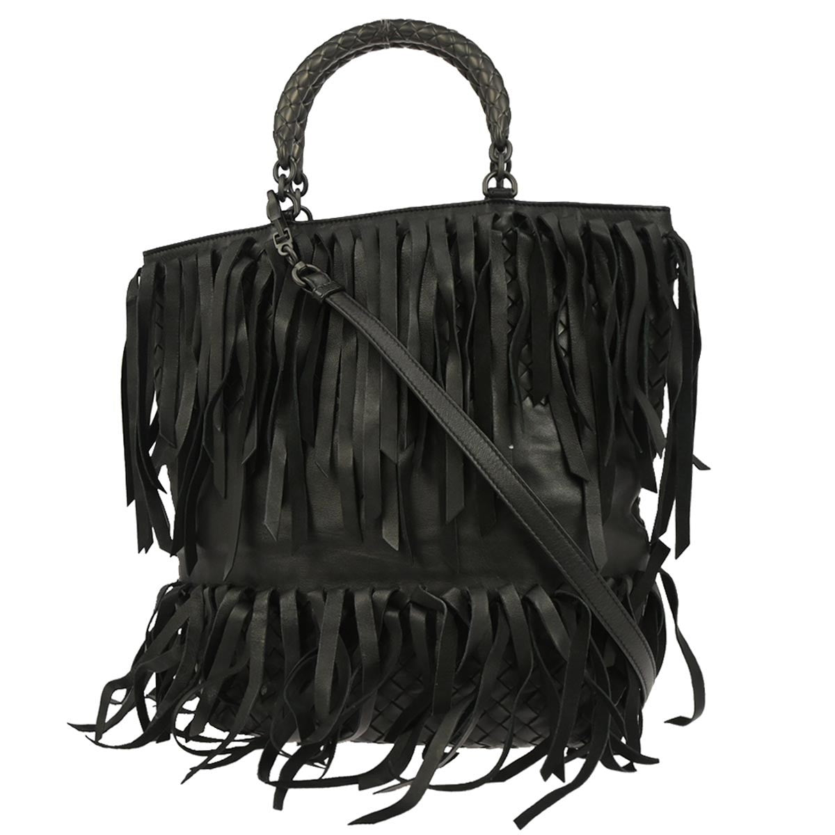 Bottega Veneta Fringe Belt Tote Intrecciato Nappa Black Leather Tote Bag Bag (Pre-Owned)