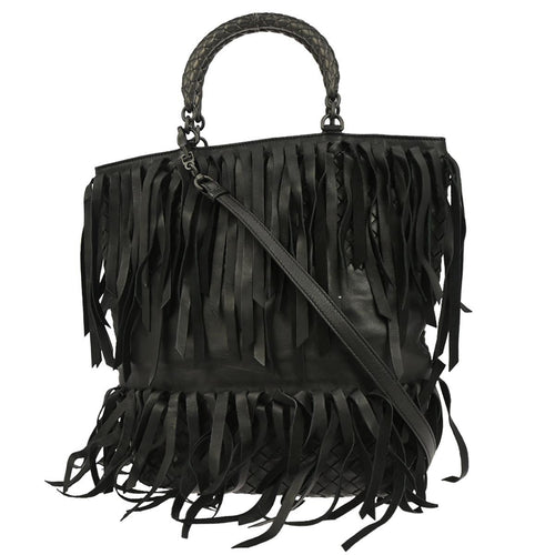 Bottega Veneta Fringe Belt Tote Intrecciato Nappa Black Leather Tote Bag Bag (Pre-Owned)