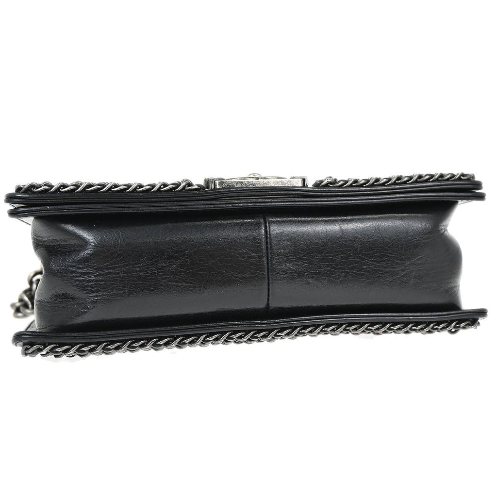 Chanel Boy Flap Bag Quilted Glazed Calfskin Black Leather Handbag (Pre-Owned)