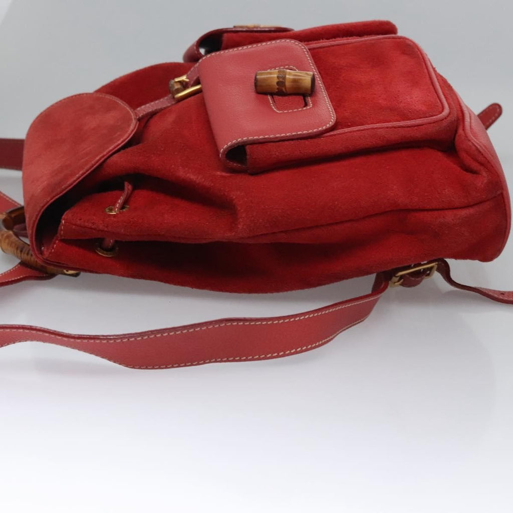 Gucci Vintage Bamboo Backpack Suede And Leather Red Suede Backpack Bag (Pre-Owned)