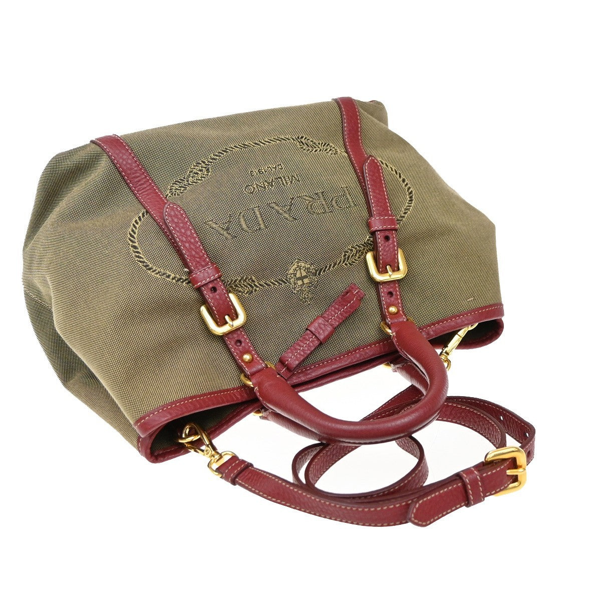 Prada Logo Convertible Tote Canvas With Leather Beige Canvas Tote Bag Bag (Pre-Owned)