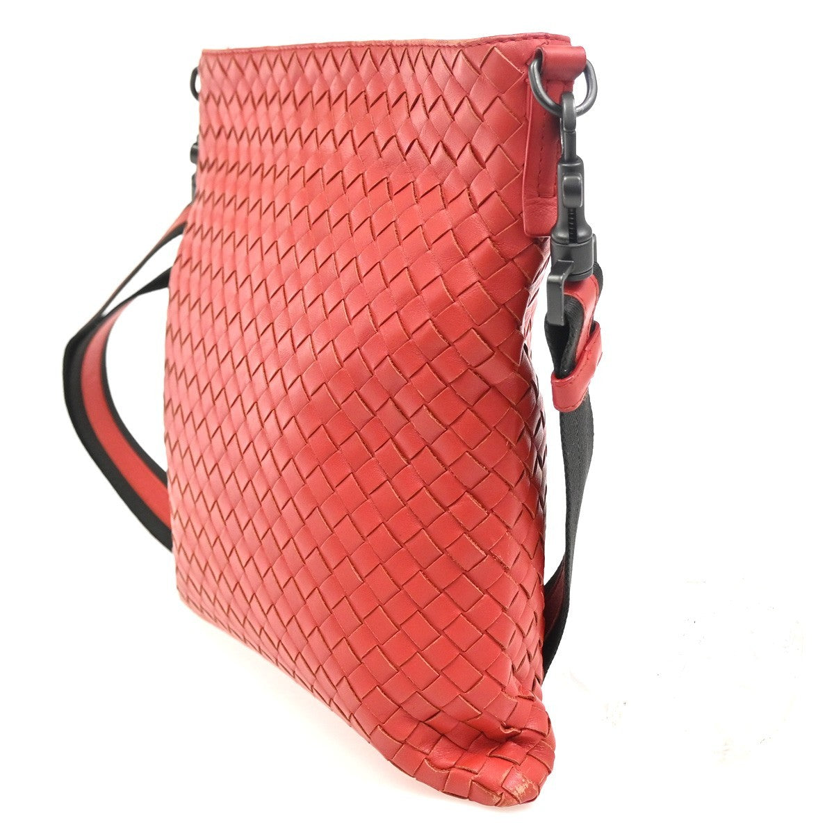 Bottega Veneta Flat Messenger Bag Intrecciato Nappa Red Leather Shoulder Bag Bag (Pre-Owned)