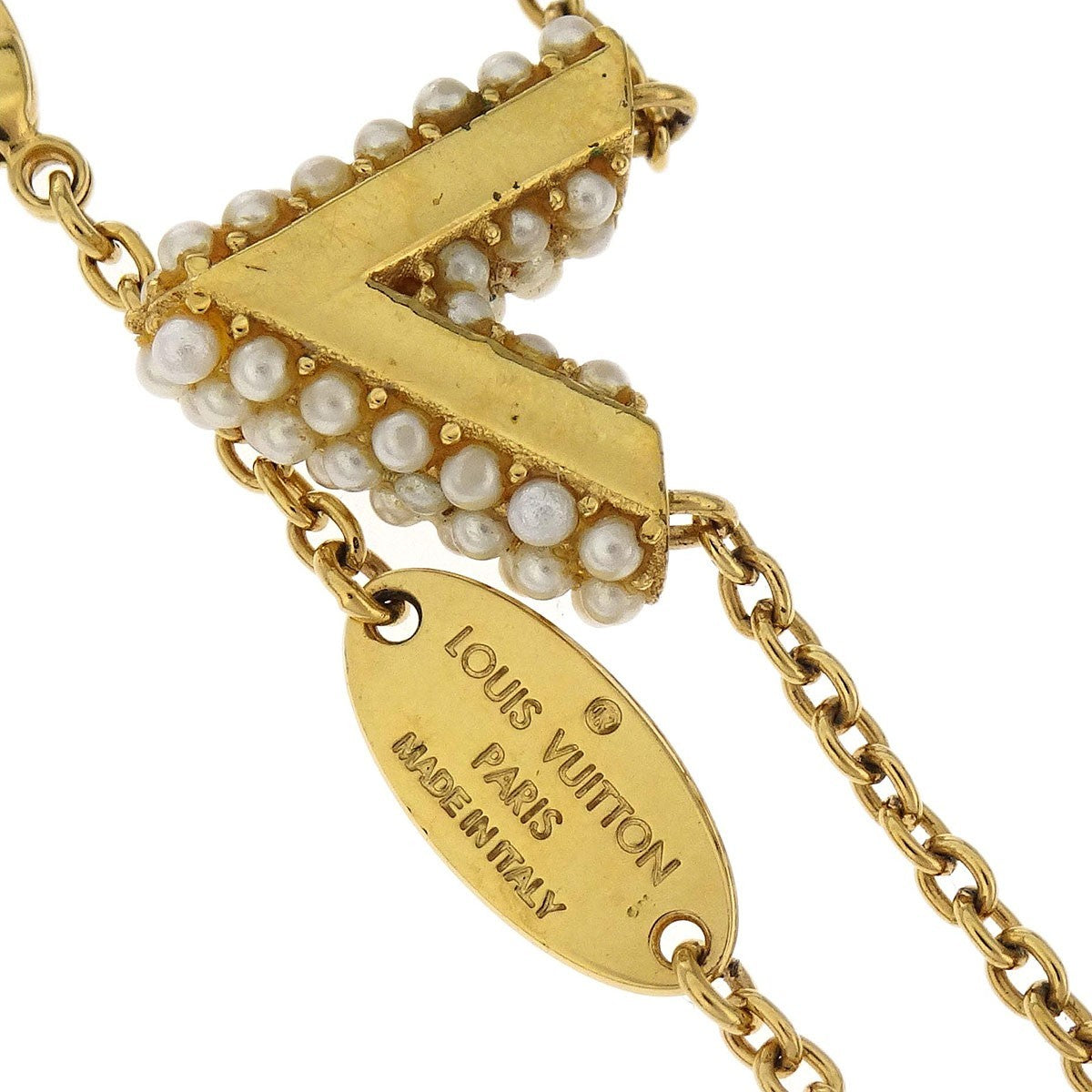 Louis Vuitton Essential V Perle Necklace Metal With Faux Pearls Gold Gold_Plated Necklace Jewelry (Pre-Owned)