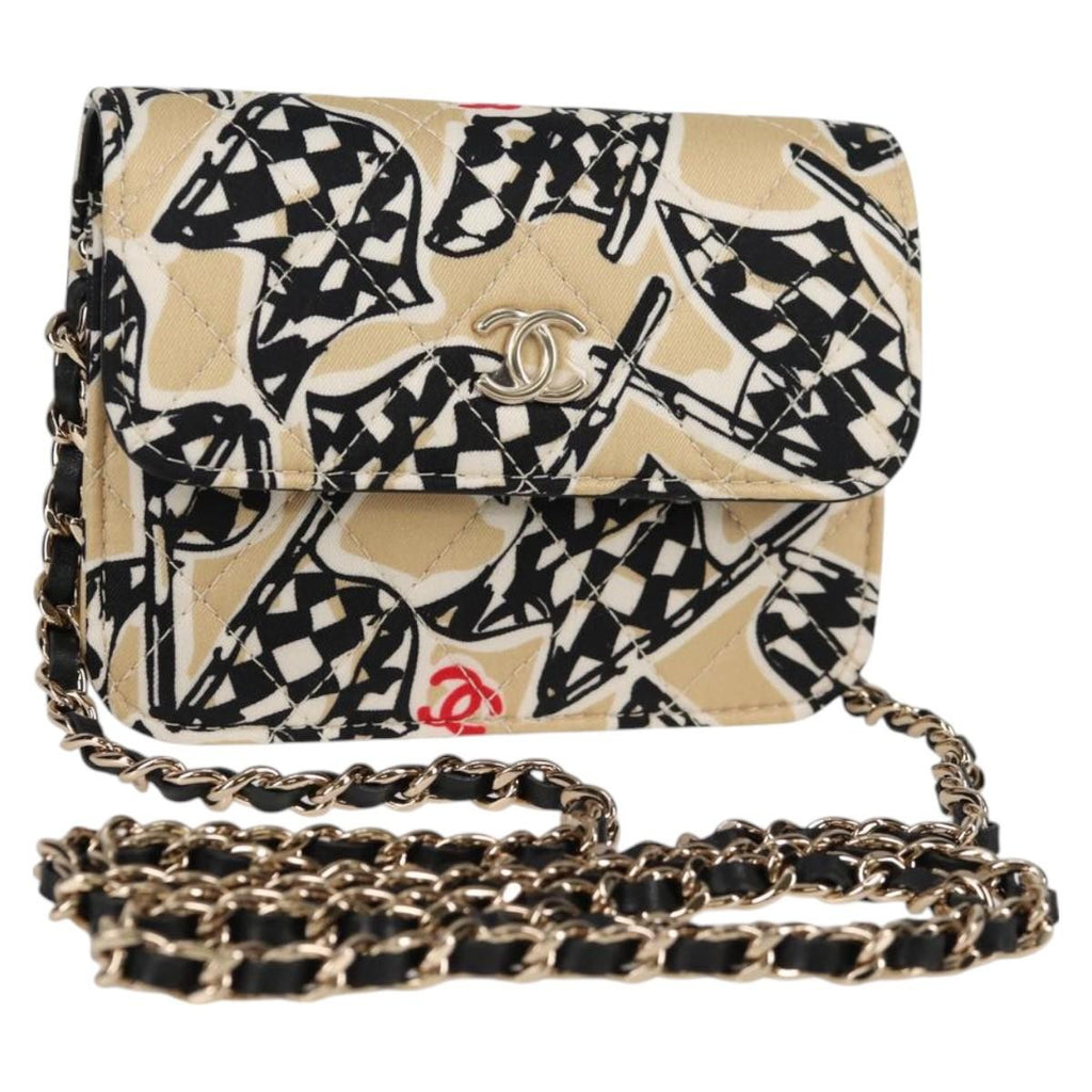 Chanel Flap Card Holder On Chain Quilted Printed Canvas Beige Nylon Shoulder Bag Bag (Pre-Owned)