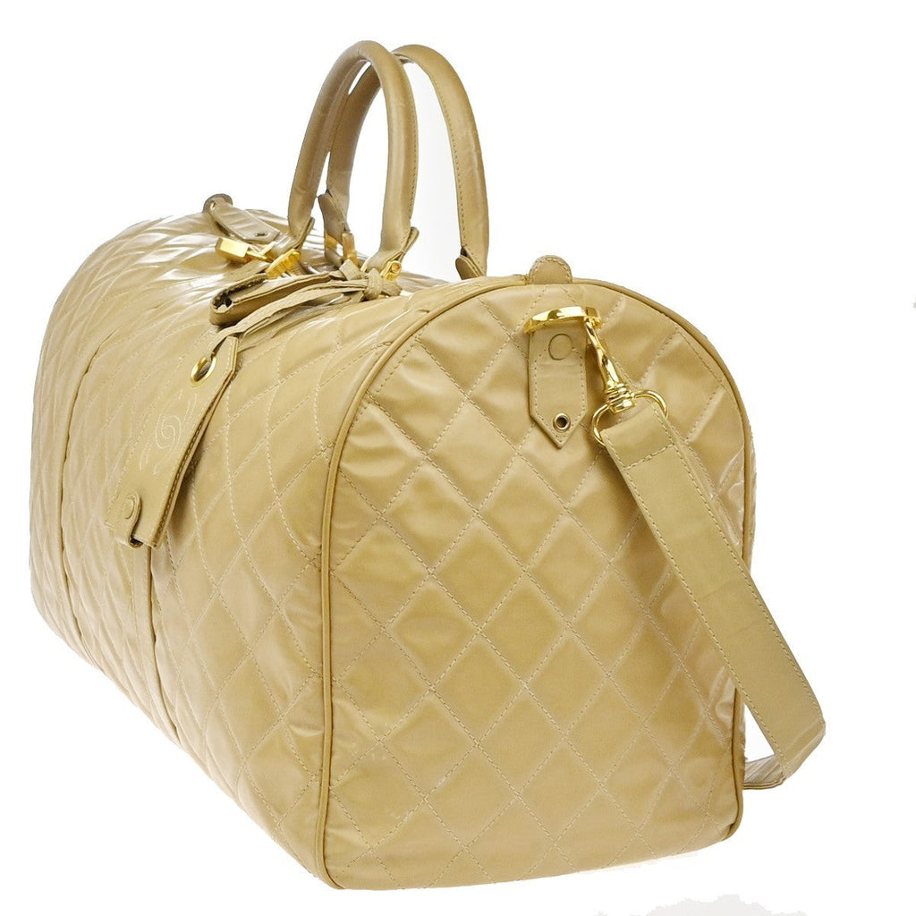 Chanel Vintage Bowler Bag Lambskin Beige Patent_Leather Handbag (Pre-Owned)