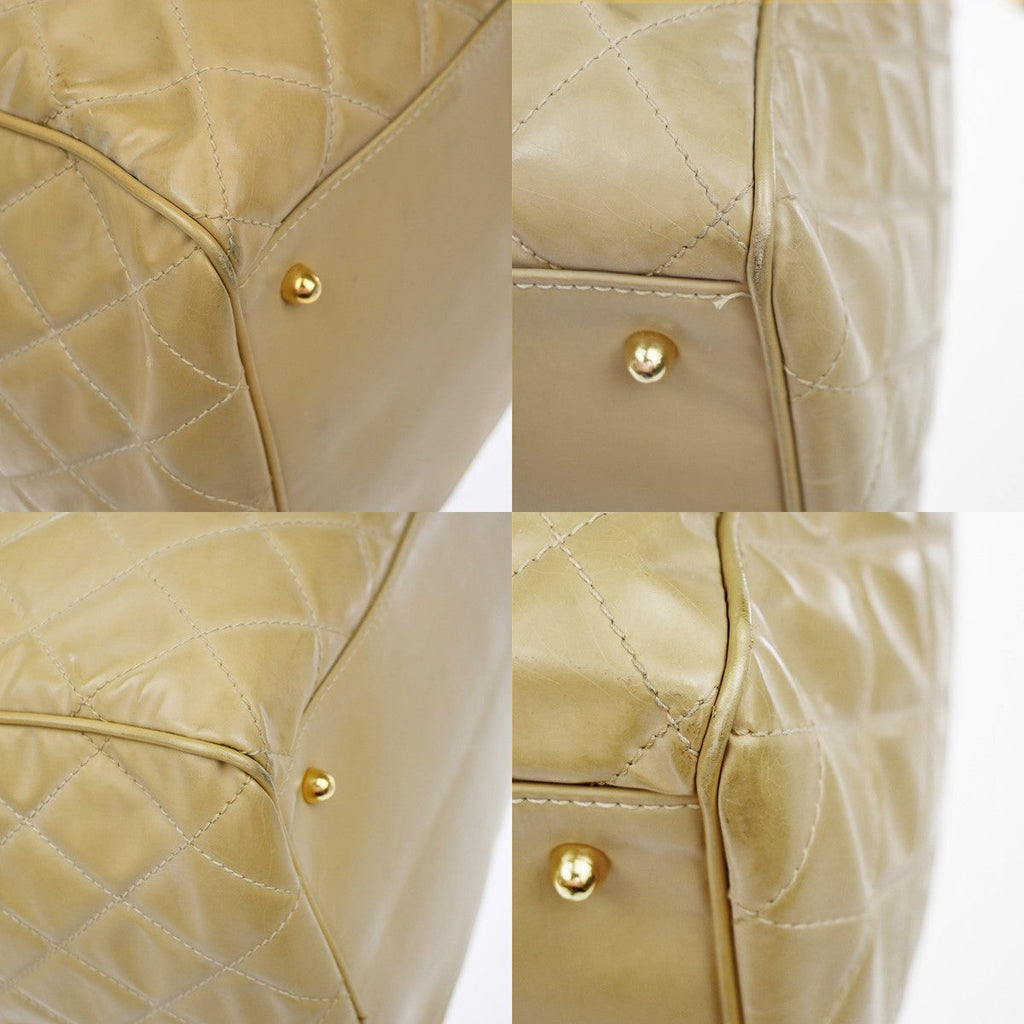 Chanel Vintage Bowler Bag Lambskin Beige Patent_Leather Handbag (Pre-Owned)