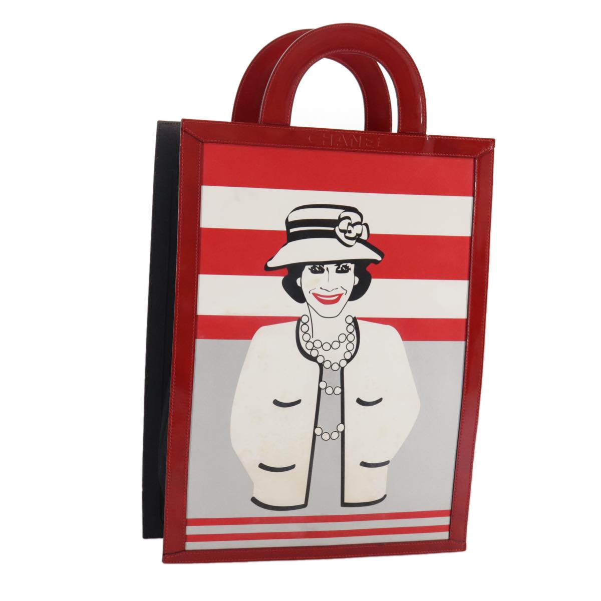 Chanel Vintage Portrait Tote Printed Leather And Quilted Patent Red Leather Tote Bag Bag (Pre-Owned)