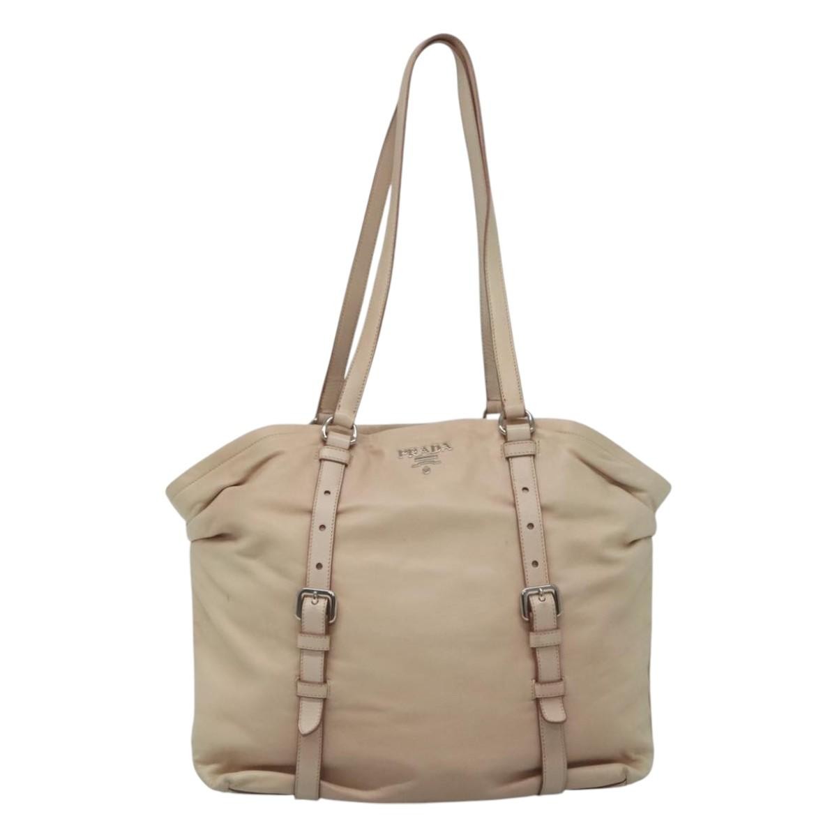 Prada Buckle Strap Shoulder Bag Leather Beige Leather Shoulder Bag Bag (Pre-Owned)