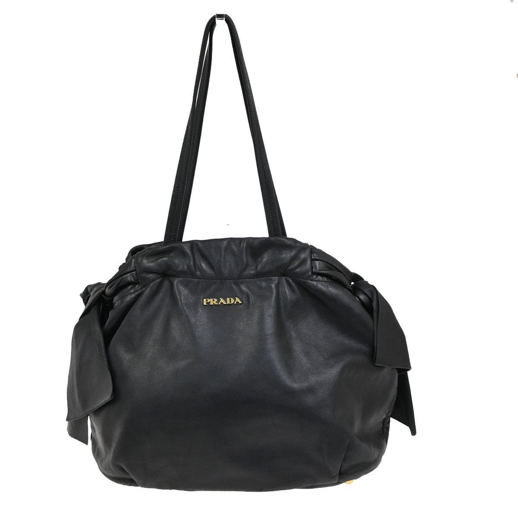 Prada Bow Tie Pleated Tote Leather Black Leather Shoulder Bag Bag (Pre-Owned)
