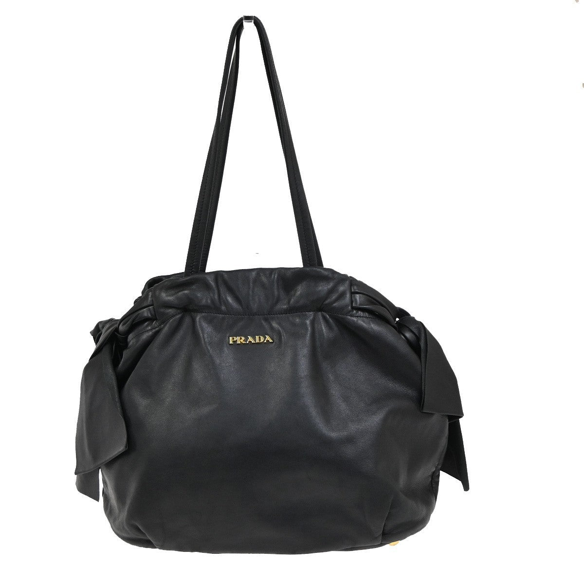 Prada Bow Tie Pleated Tote Leather Black Leather Shoulder Bag Bag (Pre-Owned)