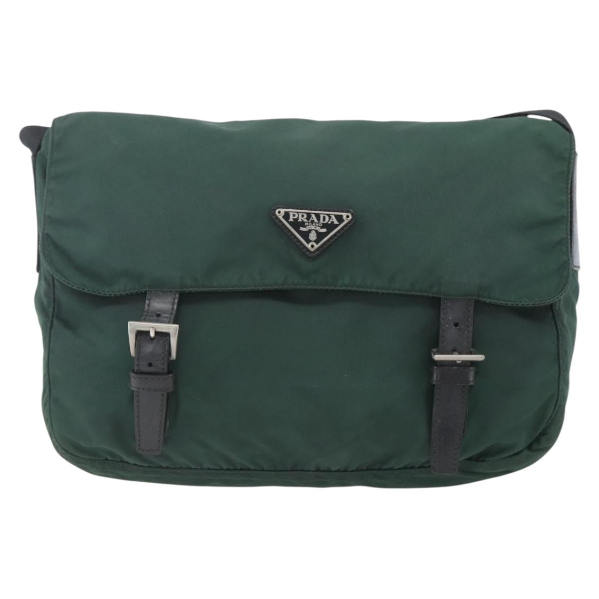 Prada Double Buckle Flap Messenger Bag Tessuto Green Nylon Shoulder Bag Bag (Pre-Owned)