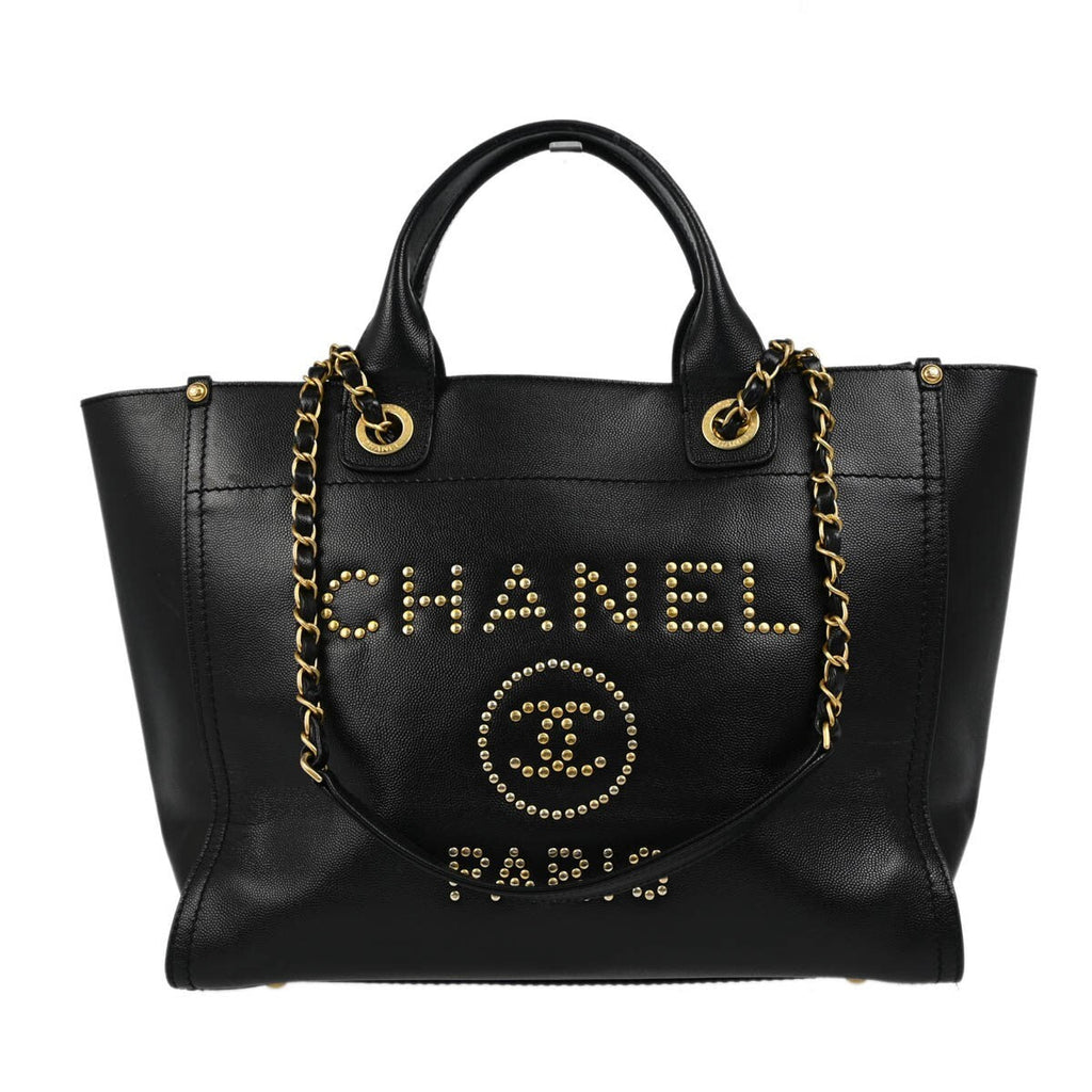 Chanel Deauville Tote Studded Caviar Black Leather Tote Bag Bag (Pre-Owned)