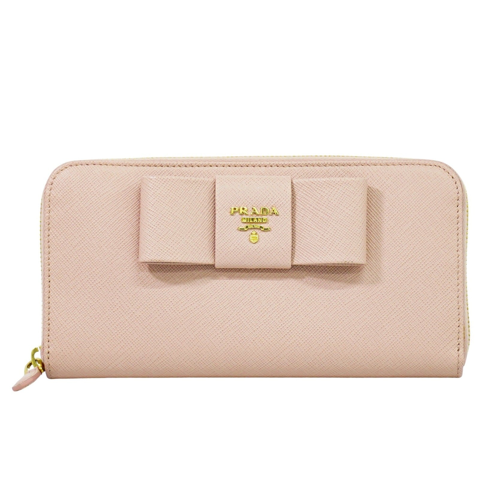 Prada Bow Zip Around Wallet Saffiano Leather Pink Leather Wallets Accessory (Pre-Owned)