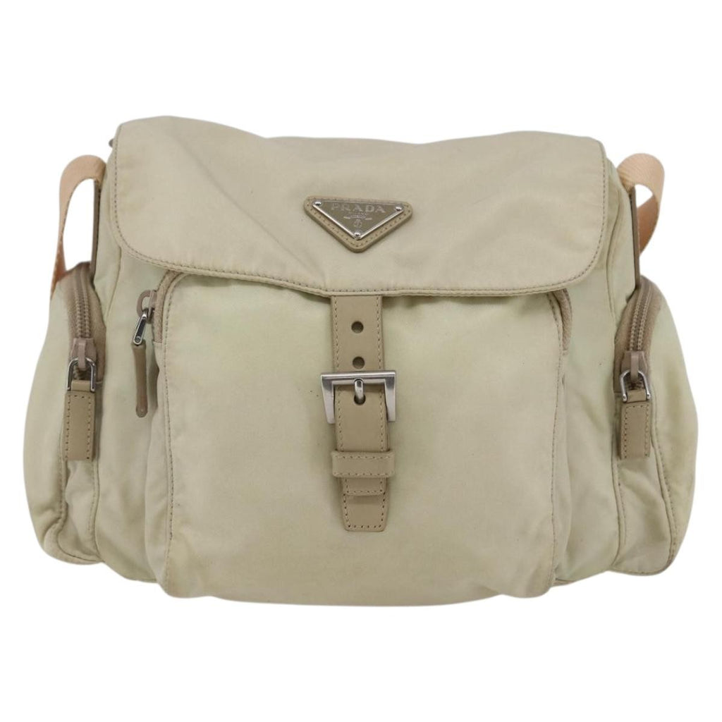 Prada Buckle Messenger Bag Tessuto Beige Nylon Shoulder Bag Bag (Pre-Owned)