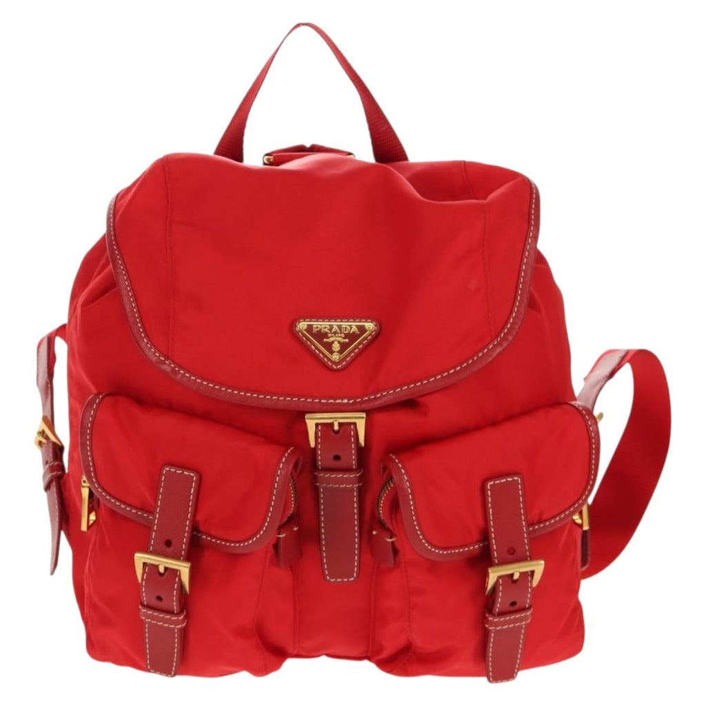Prada Vela Double Front Pocket Backpack Tessuto With Saffiano Leather Red Nylon Backpack Bag (Pre-Owned)