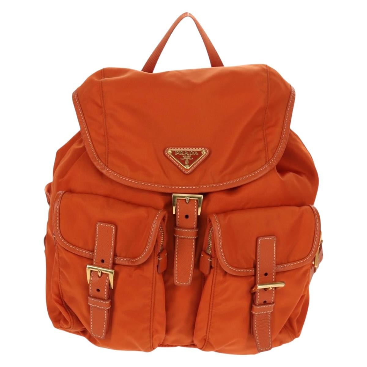Prada Vela Double Front Pocket Backpack Tessuto With Saffiano Leather Orange Nylon Backpack Bag (Pre-Owned)