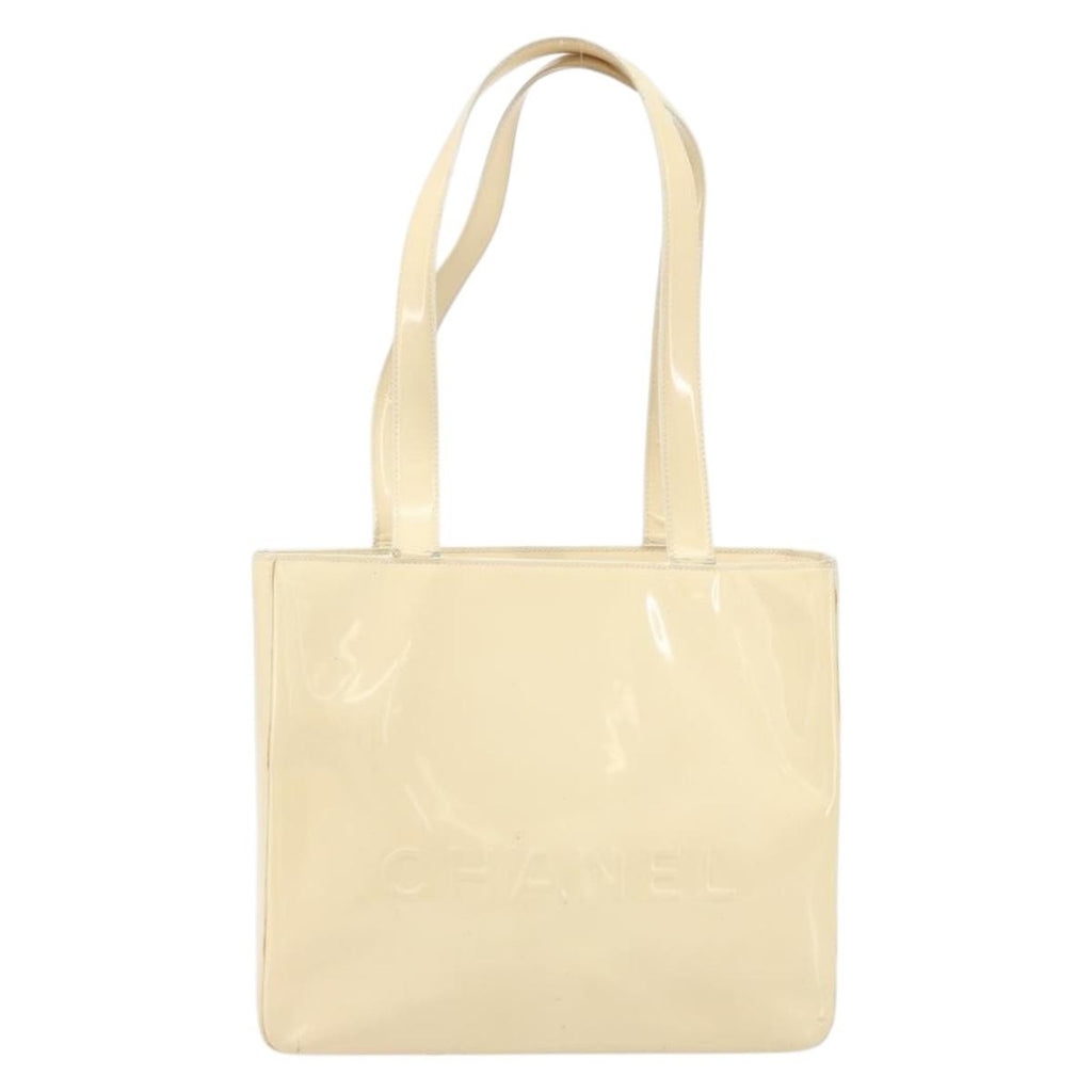 Chanel Vintage Embossed Logo Shoulder Bag Patent Beige Patent_Leather Tote Bag Bag (Pre-Owned)