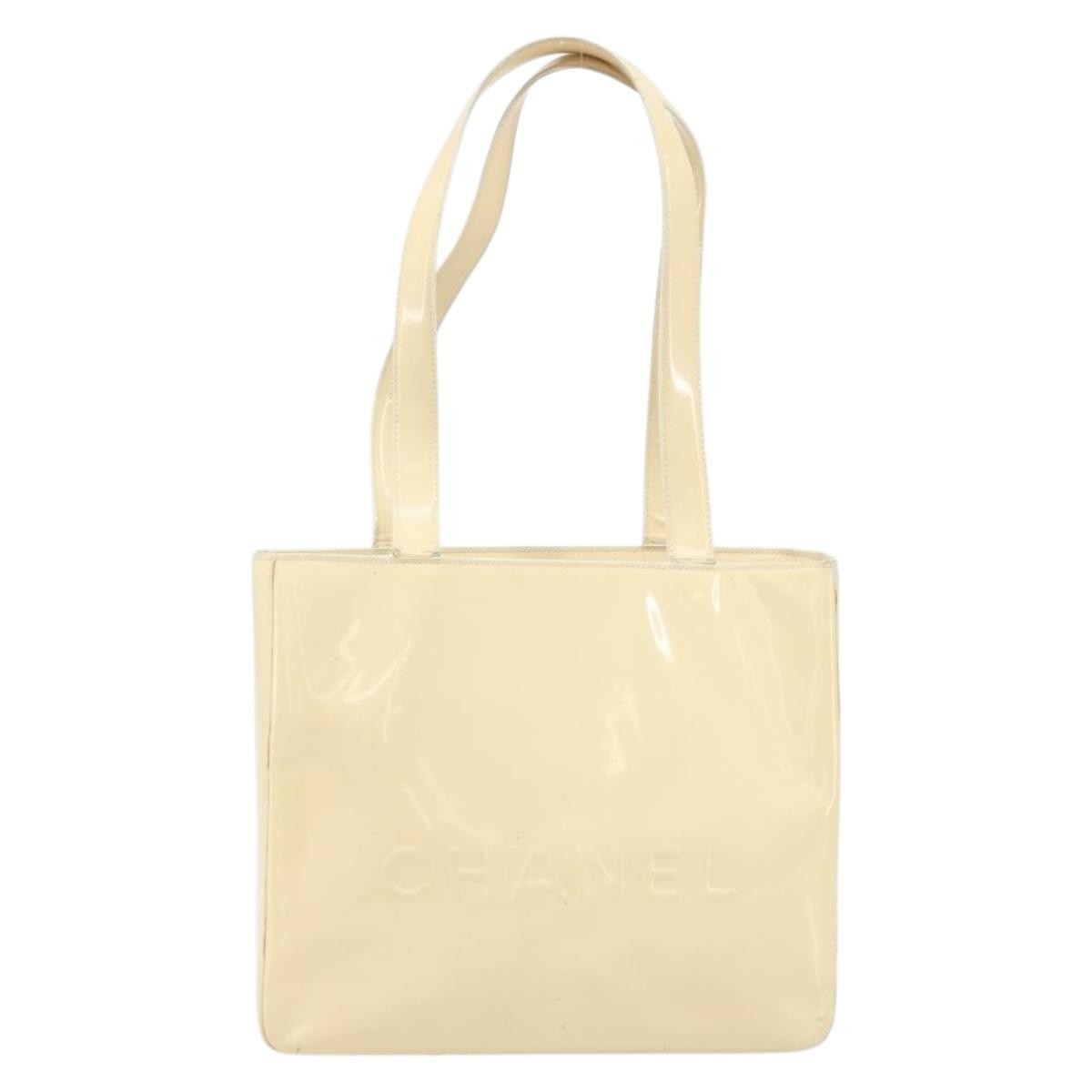 Chanel Vintage Embossed Logo Shoulder Bag Patent Beige Patent_Leather Tote Bag Bag (Pre-Owned)