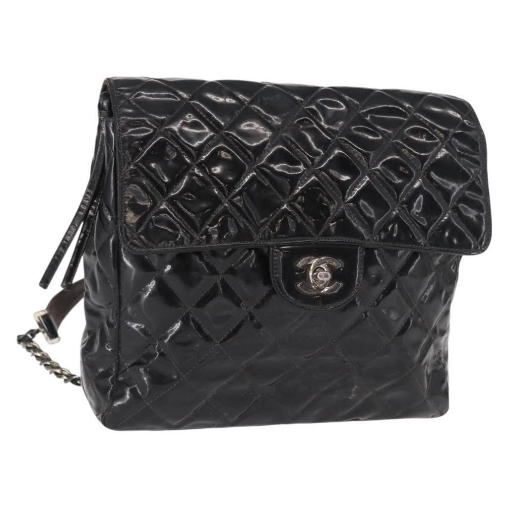 Chanel Vintage Square Flap Backpack Enamel Black Patent_Leather Backpack Bag (Pre-Owned)
