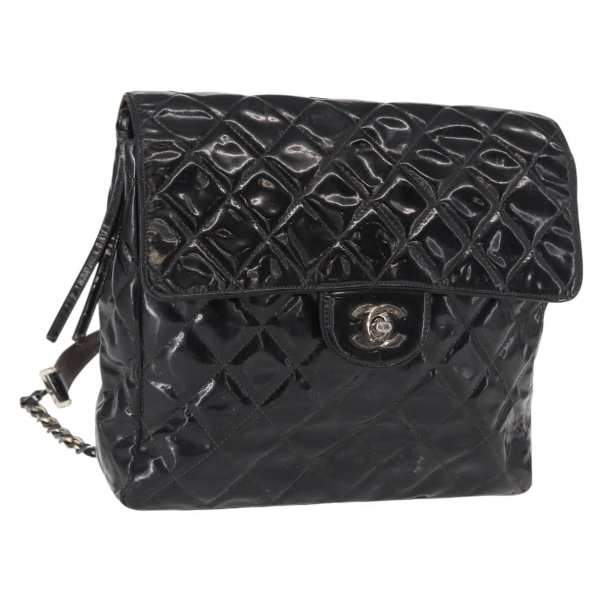 Chanel Vintage Square Flap Backpack Enamel Black Patent_Leather Backpack Bag (Pre-Owned)