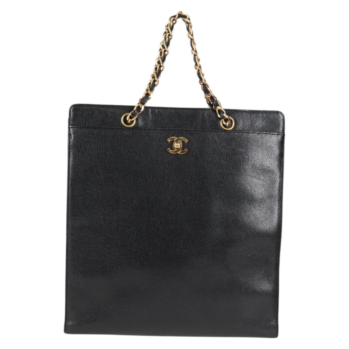 Chanel Vintage Cc Lock Pocket Chain Tote Caviar Black Leather Tote Bag Bag (Pre-Owned)