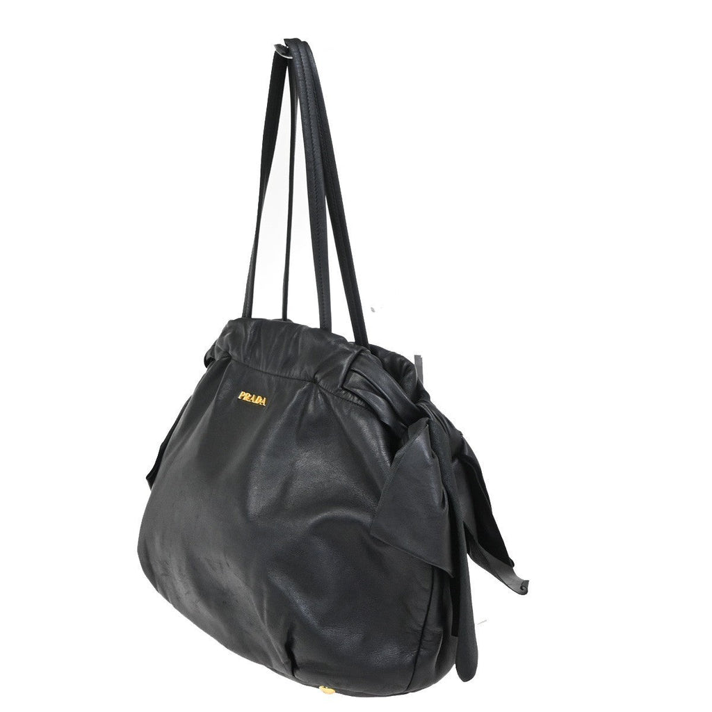 Prada Bow Tie Pleated Tote Leather Black Leather Shoulder Bag Bag (Pre-Owned)