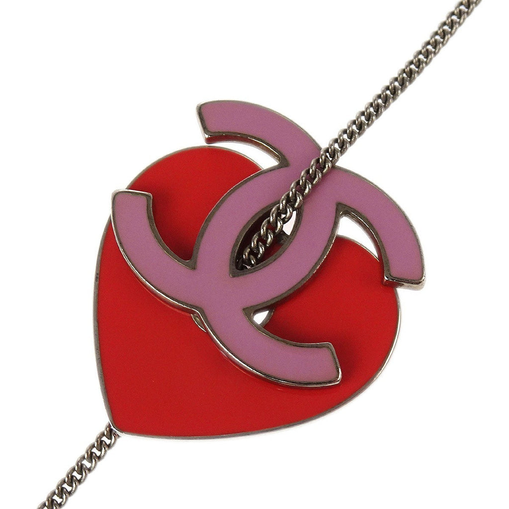 Chanel Cc Heart Pendant Metal Red Silver_Plated Necklace Jewelry (Pre-Owned)