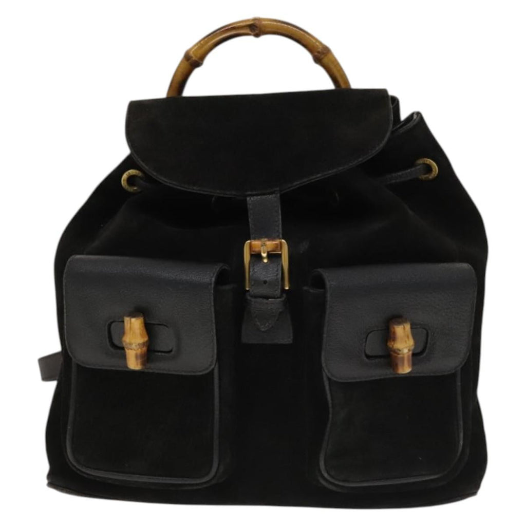 Gucci Vintage Bamboo Backpack Suede And Leather Black Suede Backpack Bag (Pre-Owned)