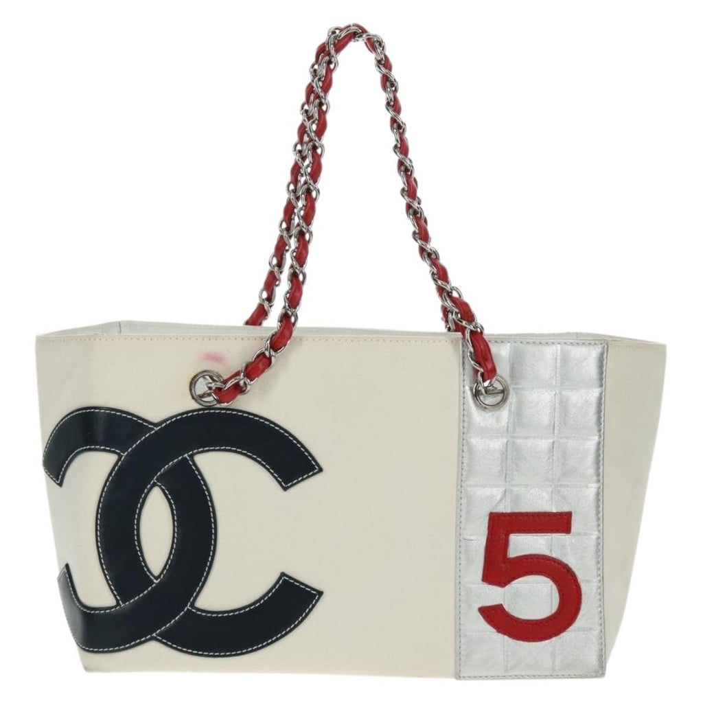 Chanel No.5 Tote Canvas And Leather White Canvas Tote Bag Bag (Pre-Owned)