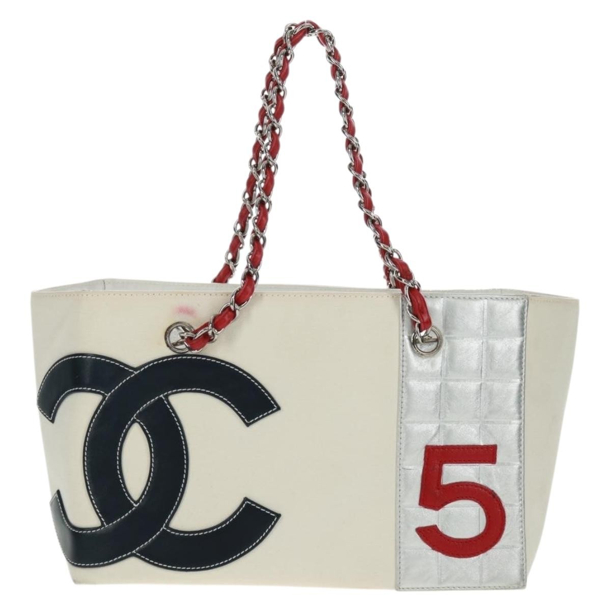 Chanel No.5 Tote Canvas And Leather White Canvas Tote Bag Bag (Pre-Owned)