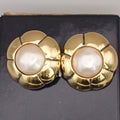 Chanel Vintage Cc Flower Clip-On Earrings Imitation Pearls In Gold Plated Gold Gold_Plated Earrings Jewelry (Pre-Owned)
