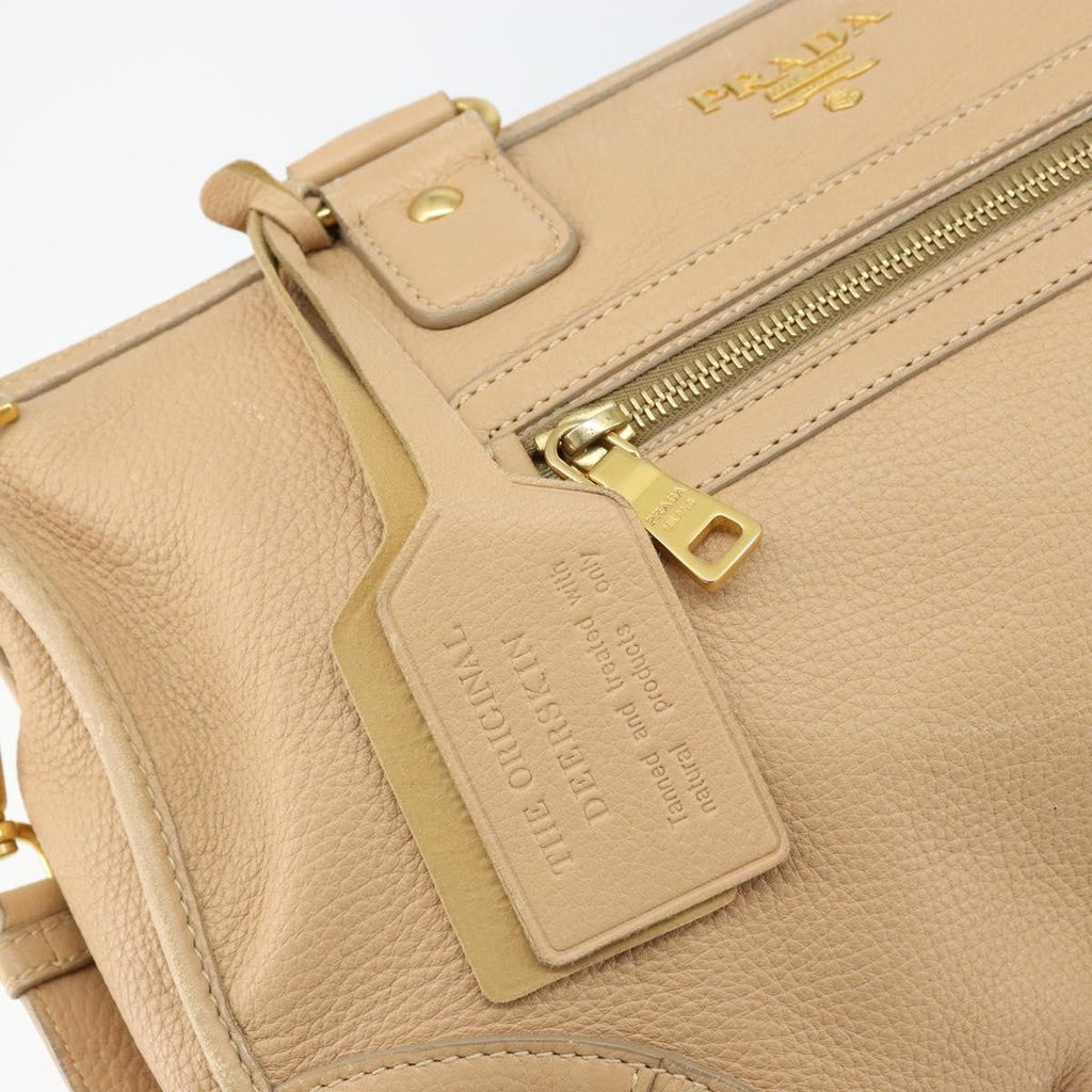 Prada Front Zip Convertible Satchel Cervo Leather Beige Leather Handbag (Pre-Owned)