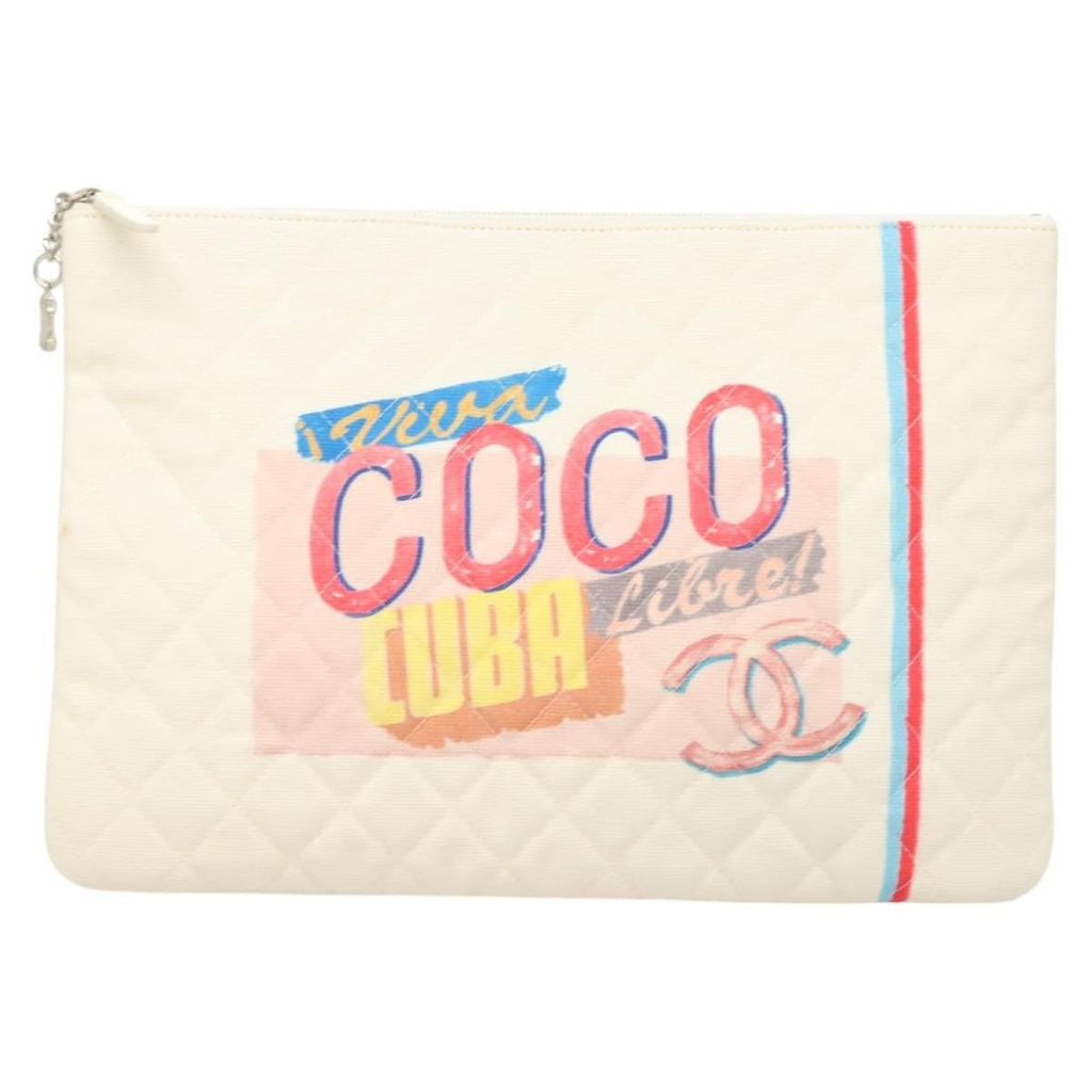 Chanel Coco Cuba Pouch Printed Quilted Canvas White Canvas Bag (Pre-Owned)