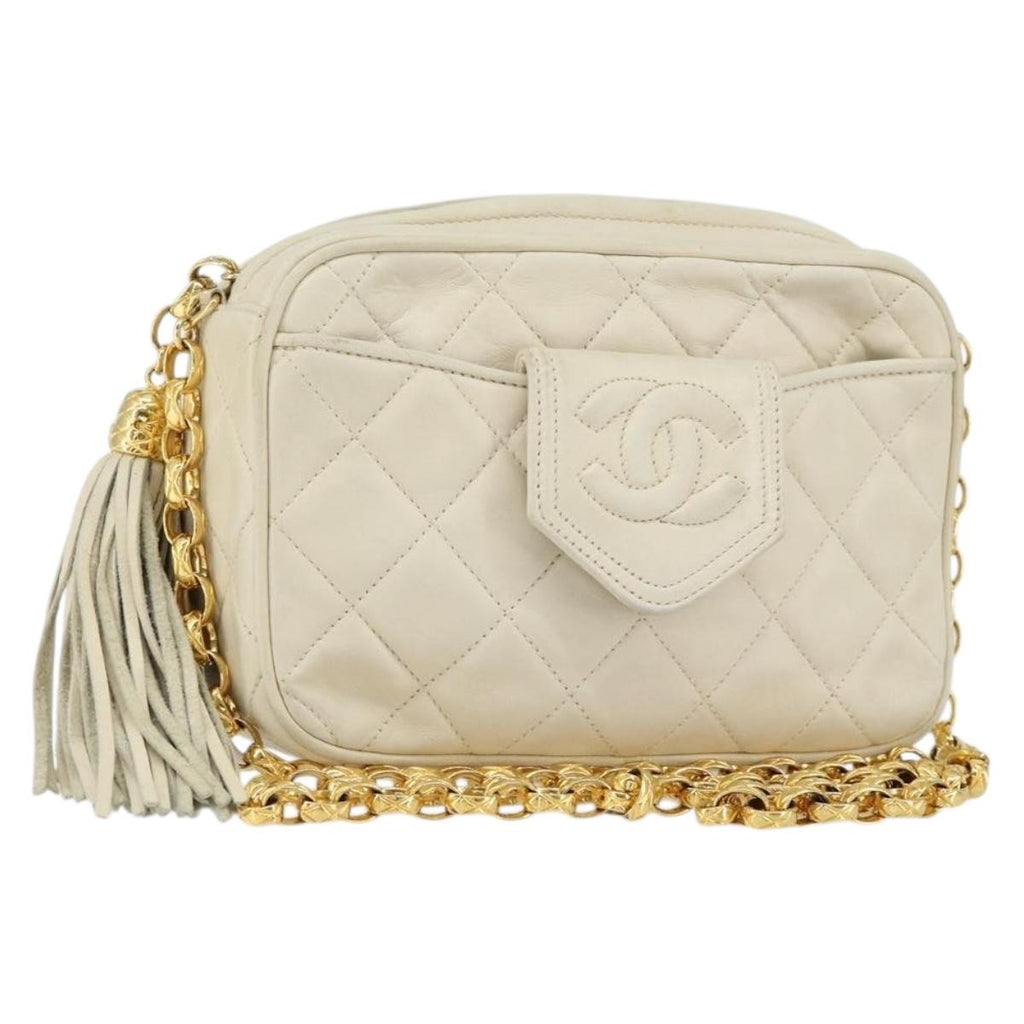 Chanel Vintage Front Pocket Camera Bag Quilted Lambskin Beige Leather Shoulder Bag Bag (Pre-Owned)
