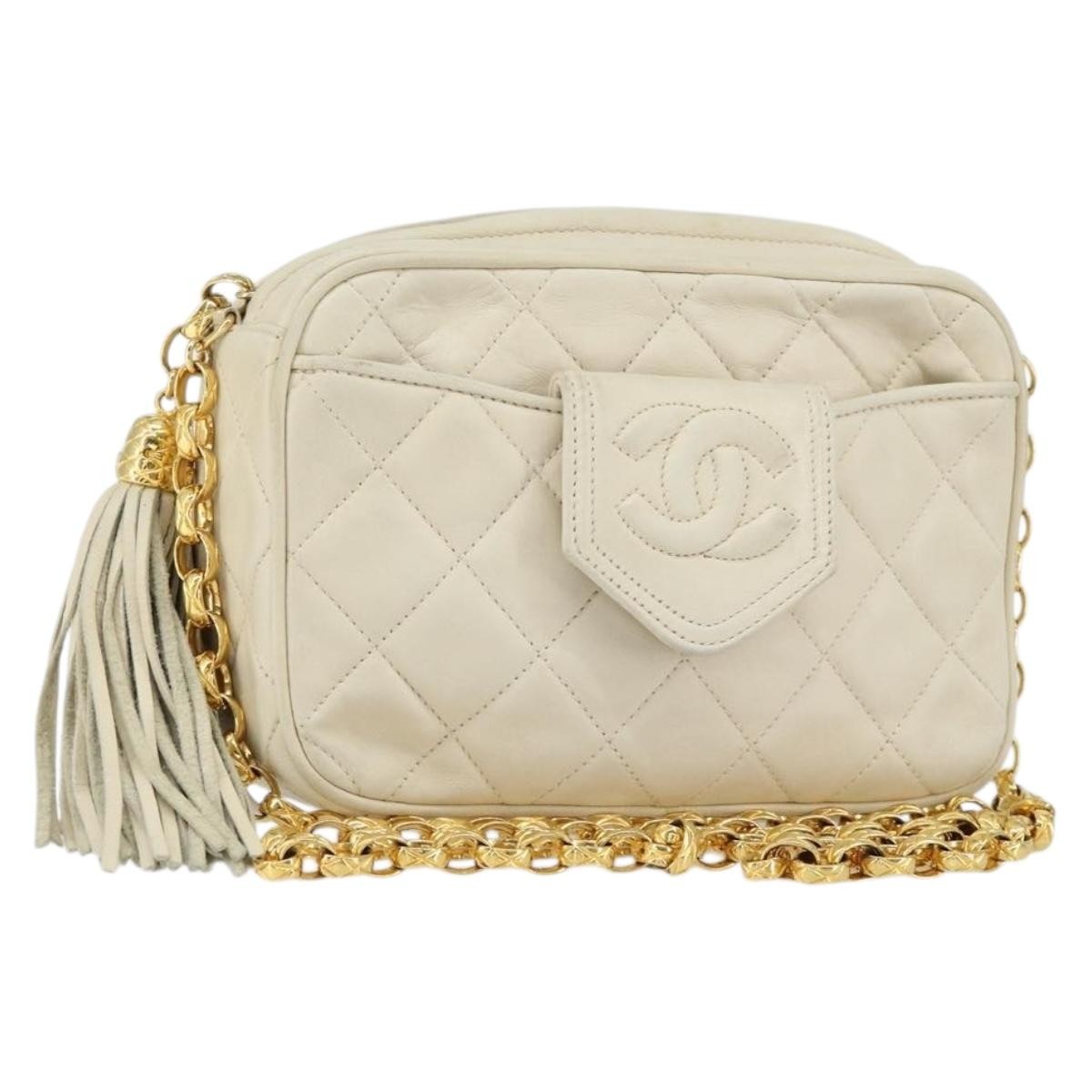 Chanel Vintage Front Pocket Camera Bag Quilted Lambskin Beige Leather Shoulder Bag Bag (Pre-Owned)
