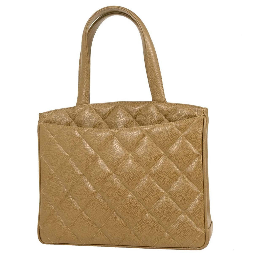 Chanel Vintage Cc Lock Pocket Tote Quilted Caviar Beige Leather Tote Bag Bag (Pre-Owned)