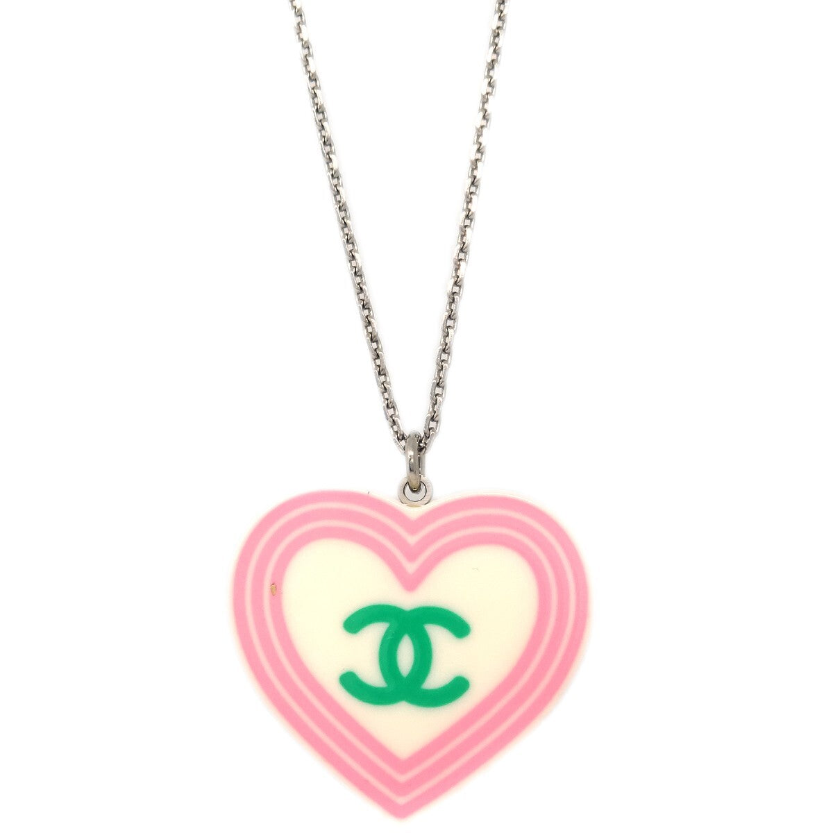 Chanel Cc Heart Pendant Necklace Metal And Enamel Silver Silver_Plated Necklace Jewelry (Pre-Owned)