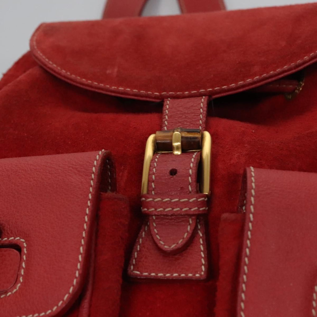 Gucci Vintage Bamboo Backpack Suede And Leather Red Suede Backpack Bag (Pre-Owned)