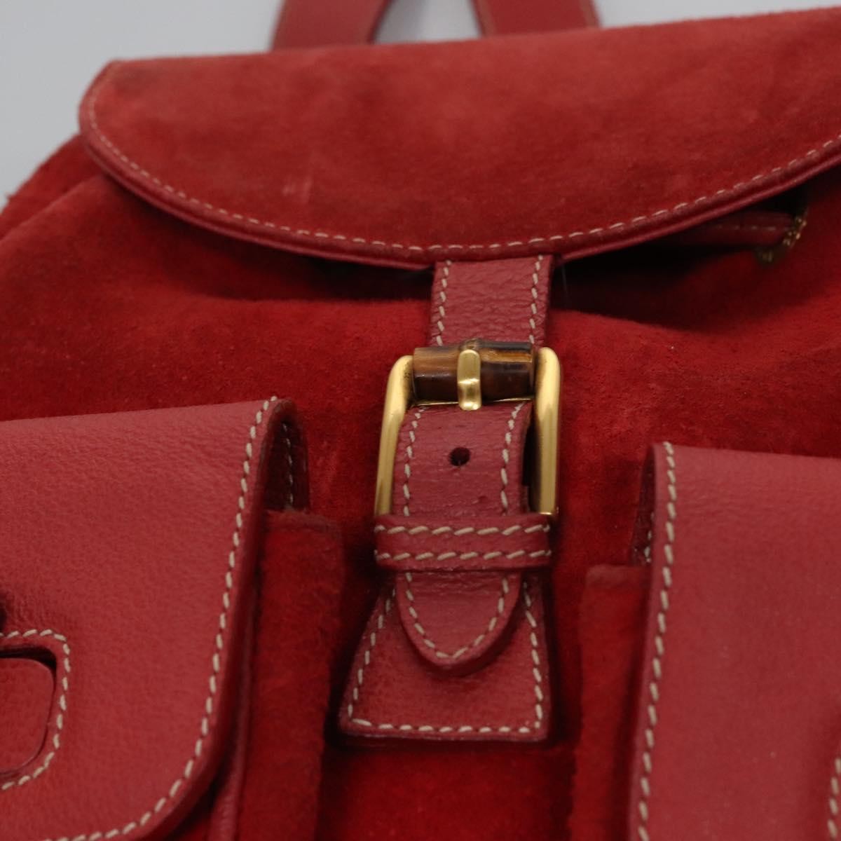 Gucci Vintage Bamboo Backpack Suede And Leather Red Suede Backpack Bag (Pre-Owned)