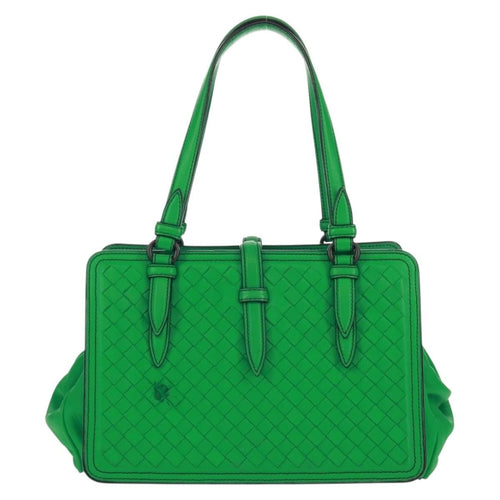 Bottega Veneta Intrecciato Handbag Leather Green Leather Handbag (Pre-Owned)
