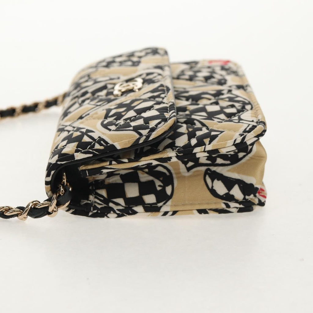 Chanel Flap Card Holder On Chain Quilted Printed Canvas Beige Satin Clutche & Pouche Bag (Pre-Owned)